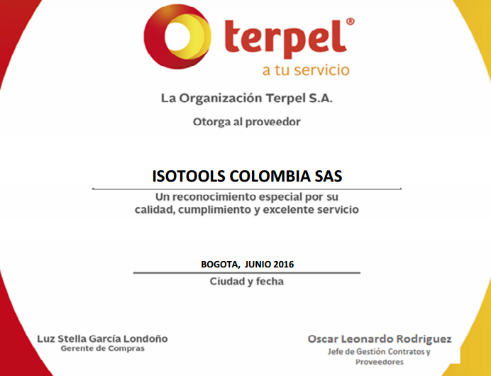 ISOTools Colombia Proveedor Excelente de Terpel S.A.